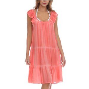 Raviya Womens Size S Coral Pink Tiered Ruffle Sleeve Swim Cover-Up Dress NEW NWT